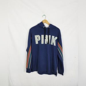 PINK Small Navy Hoodie with Rainbow Stripe Sleeves